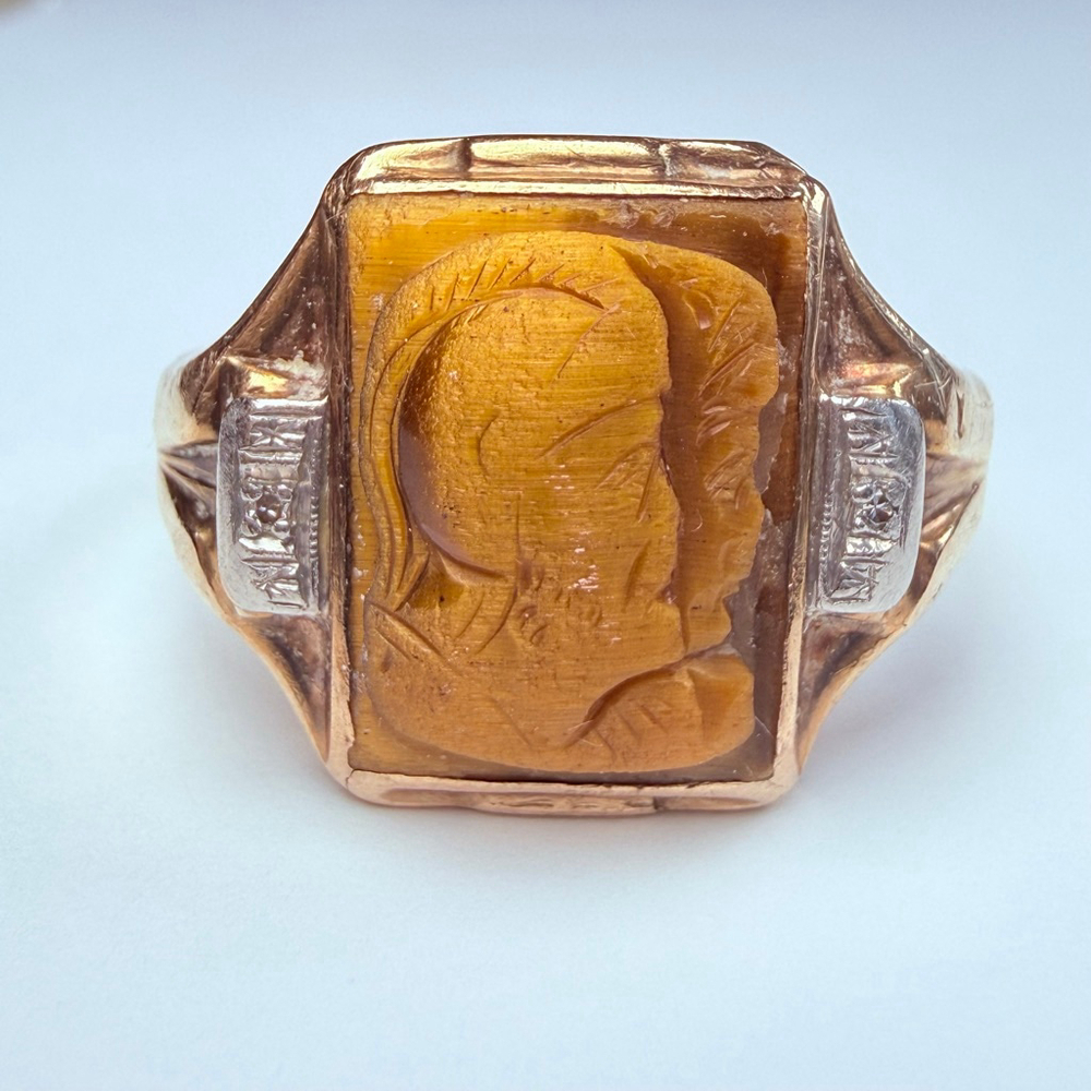 Estate 14K Gold Mens Diamond Intaglio Tiger Eye Warrior Cameo Antique Ring SZ 15